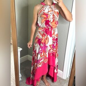 Vincent Camuto Pink And Taupe Floral Print High Low Dress Tie back sleeveless